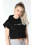 Kadın Baskılı Kapüşonlu Crop Sweat Siyah 2