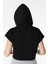 Kadın Baskılı Kapüşonlu Crop Sweat Siyah 5
