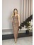 G0547 Yırtmaç Detaylı Kendinden Desenli Askılı Elbise Bronz 1