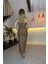 G0547 Yırtmaç Detaylı Kendinden Desenli Askılı Elbise Bronz 3