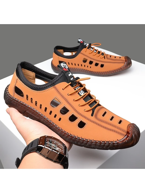 Ruichihu 2023 Yeni Erkek Ayakkabıları Yaz Rahat Deri Ayakkabı El Yapımı On-Line Delik Ayakkabı Yumuşak Tabanlı Moda Erkek Sandalet (Yurt Dışından)