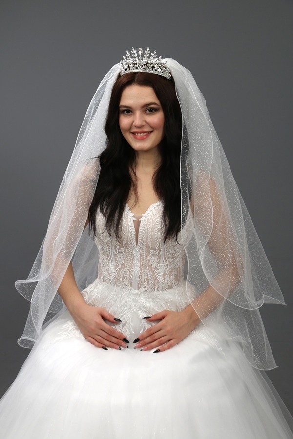 Paris in Paris Simli Iki Katlı Gelinlik Duvağı Nikah Duvağı 1 Metre Uzunlukta Taraklı Kırıkbeyaz Renkte