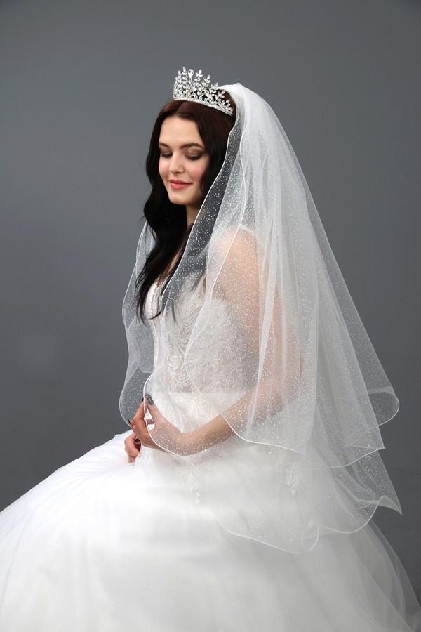 Paris in Paris Simli Iki Katlı Gelinlik Duvağı Nikah Duvağı 1 Metre Uzunlukta Taraklı Kırıkbeyaz Renkte görsel 2