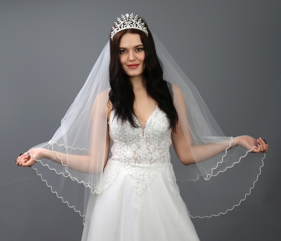 Paris in Paris Inci Işlemeli Iki Katlı Gelinlik Duvağı-Nikah Duvağı 1 Metre Uzunlukta Taraklı Kırıkbeyaz görsel 3