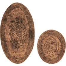 Alanur Home Salina Oval Cotton Makarnalı Yıkanabilir 2'li Paspas Seti Klozet Takımı Eskitme Kahve