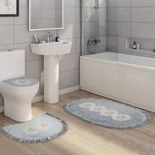 Alanur Home Queen Oval Nakışlı Kaymaz Yıkanabilir 3'lü Paspas Seti Klozet Takımı Set Gri