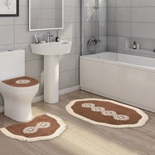 Alanur Home Queen Şekilli Nakışlı Kaymaz Yıkanabilir 3'lü Paspas Seti Klozet Takımı Kahve