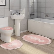Alanur Home Queen Sarmaşık Şekilli Nakışlı Kaymaz Yıkanabilir 3'lü Paspas Seti Klozet Takımı Set Pudra