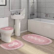 Alanur Home Queen Sarmaşık Oval Nakışlı Kaymaz Yıkanabilir 3'lü Paspas Seti Klozet Takımı Set Pudra