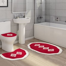 Alanur Home Queen Zambak Şekilli Nakışlı Kaymaz Yıkanabilir 3'lü Paspas Seti Klozet Takımı Set Kırmızı