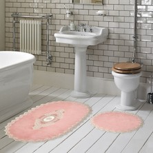 Alanur Home Selonya Welsoft Oval Kaymaz Taban Yıkanabilir 2'li Banyo Paspas Seti Klozet Takımı Pudra