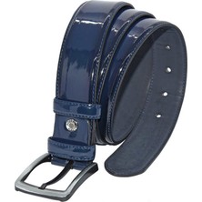 Süzer Lacivert Rugan Suni Deri Dikişli 4 cm Klasik Kemer - 7400-95