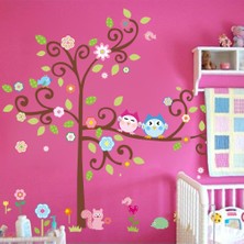 Crystal Kids Ağaç Baykuşlar Çiçekler Renkli Bebek ve Çocuk Odası Duvar Sticker