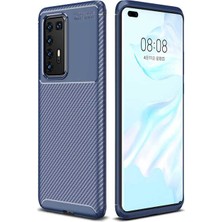 Tekno Grup Huawei P40 Pro Kılıf Karbon Desenli Lux Negro Silikon + Tam Kaplayan 3D Cam Ekran Koruyucu Lacivert