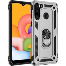 Tekno Grup Samsung Galaxy A21 Kılıf Çift Katmanlı Yüzüklü Manyetik Vega Kapak + Tam Kaplayan 5D Cam Ekran Koruyucu Gümüş