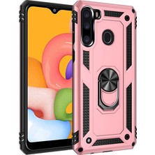 Tekno Grup Samsung Galaxy A21 Kılıf Çift Katmanlı Yüzüklü Manyetik Vega Kapak + Tam Kaplayan 5D Cam Ekran Koruyucu Rose