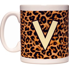 Rock'n Fox V Harfi Leopar Desen Baş Harf Tasarımlı Kahve Kupa Bardak