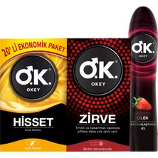 Okey Prezervatif Hisset 20'li + Zirve 10'lu + Çilek Kayganlaştırıcı Jel 100 ml