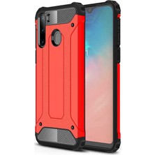 Case 4U Samsung Galaxy A21 Kılıf Military Armor Çift Katmanlı Crash Silikon Kılıf + Cam Ekran Koruyucu Kırmızı