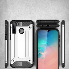 Case 4U Samsung Galaxy A21 Kılıf Military Armor Çift Katmanlı Crash Silikon Kılıf + Cam Ekran Koruyucu Kırmızı