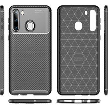 Case 4U Samsung Galaxy A21 Kılıf Rugged Armor Karbon Desenli Lüx Negro Silikon Arka Kapak + Cam Ekran Koruyucu Siyah