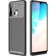 Case 4U Samsung Galaxy A21 Kılıf Rugged Armor Karbon Desenli Lüx Negro Silikon Arka Kapak + Cam Ekran Koruyucu Siyah