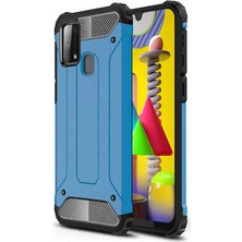 Case 4U Samsung Galaxy M31 Uyumlu Kılıf Military Armor Çift Katmanlı Crash Silikon Kılıf + Cam Ekran Koruyucu Mavi