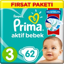 Prima Bebek Bezi Aktif Bebek 3 Beden 62 Adet Fırsat Paketi