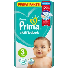 Prima Bebek Bezi Aktif Bebek 3 Beden 62 Adet Fırsat Paketi