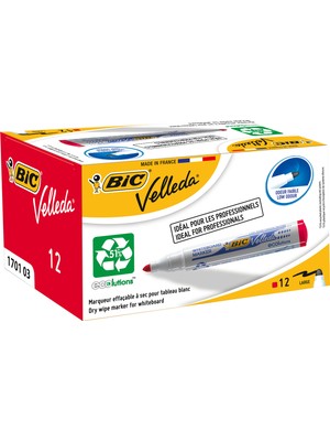 Bic Velleda 1701 Eco Yuvarlak Uçlu Beyaz Tahta Kalemi, Kırmızı 12'li Kutu