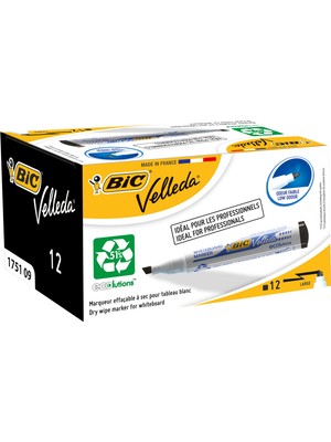 Bic Velleda 1751 Eco Kesik Uçlu Beyaz Tahta Kalemi, Siyah 12'li Kutu