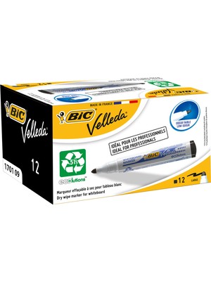 Bic Velleda 1701 Eco Yuvarlak Uçlu Beyaz Tahta Kalemi, Siyah 12'li Kutu