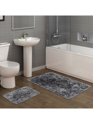 Alanur Home Glory Cotton Eskitme 2'li Paspas Seti Klozet Takımı Antrasit