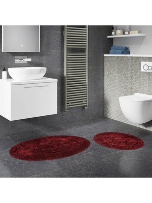Alanur Home Salina Oval Cotton Makarnalı Yıkanabilir 2'li Paspas Seti Klozet Takımı Eskitme Bordo