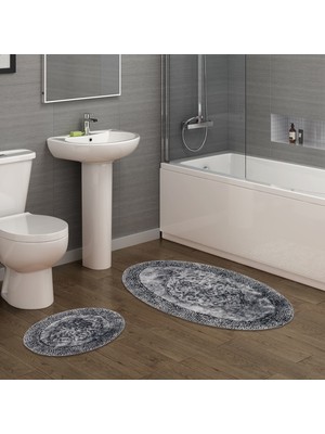 Alanur Home Salina Oval Cotton Makarnalı Yıkanabilir 2'li Paspas Seti Klozet Takımı Eskitme Gri