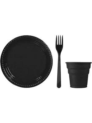 Partylandtr Siyah 25 Kişilik Plastik Bardak Çatal Tabak