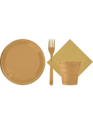 Partylandtr Gold Altın Renk 25 Kişilik Plastik Bardak Çatal Tabak Peçete