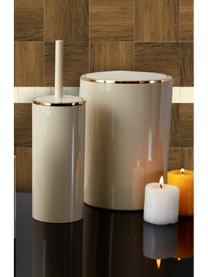 Primanova Lenox Çöp Kovası Wc Fırçası Bej Altın 2'li