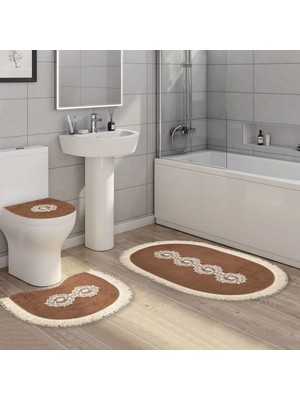 Alanur Home Queen Oval Nakışlı Kaymaz Yıkanabilir 3'lü Paspas Seti Klozet Takımı Set Kahve