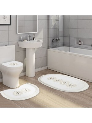 Alanur Home Queen Oval Nakışlı Kaymaz Yıkanabilir 3'lü Paspas Seti Klozet Takımı Set Beyaz