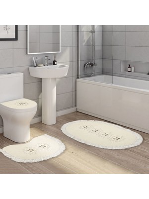 Alanur Home Queen Oval Nakışlı Kaymaz Yıkanabilir 3'lü Paspas Seti Klozet Takımı Set Krem