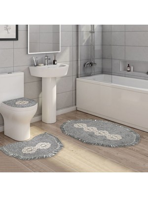 Alanur Home Queen Şekilli Nakışlı Kaymaz Yıkanabilir 3'lü Paspas Seti Klozet Takımı Antrasit