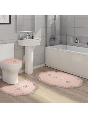 Alanur Home Queen Şekilli Nakışlı Kaymaz Yıkanabilir 3'lü Paspas Seti Klozet Takımı Pudra
