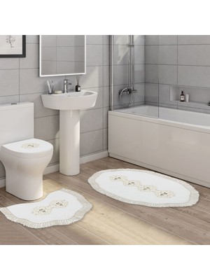 Alanur Home Queen Şekilli Nakışlı Kaymaz Yıkanabilir 3'lü Paspas Seti Klozet Takımı Beyaz