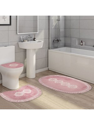 Alanur Home Queen Sarmaşık Oval Nakışlı Kaymaz Yıkanabilir 3'lü Paspas Seti Klozet Takımı Set Pudra