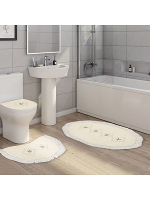 Alanur Home Queen Zambak Şekilli Nakışlı Kaymaz Yıkanabilir 3'lü Paspas Seti Klozet Takımı Set Krem