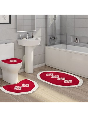 Alanur Home Queen Zambak Şekilli Nakışlı Kaymaz Yıkanabilir 3'lü Paspas Seti Klozet Takımı Set Kırmızı