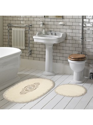 Alanur Home Selonya Welsoft Oval Kaymaz Taban Yıkanabilir 2'li Banyo Paspas Seti Klozet Takımı Krem