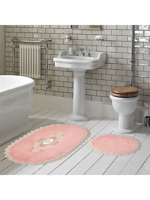 Alanur Home Selonya Welsoft Oval Kaymaz Taban Yıkanabilir 2'li Banyo Paspas Seti Klozet Takımı Pudra