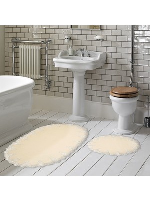Alanur Home Zara Oval Kaymaz Taban Yıkanabilir 2'li Banyo Paspas Seti Klozet Takımı (65 x 115 - 55 x 65 ) Krem